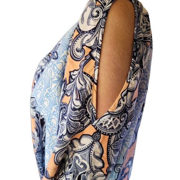 GIBSON LATIMER Boho Cold Shoulder Mumu Dress L Blue Festival Hanky Hem Tunic - Picture 3 of 10